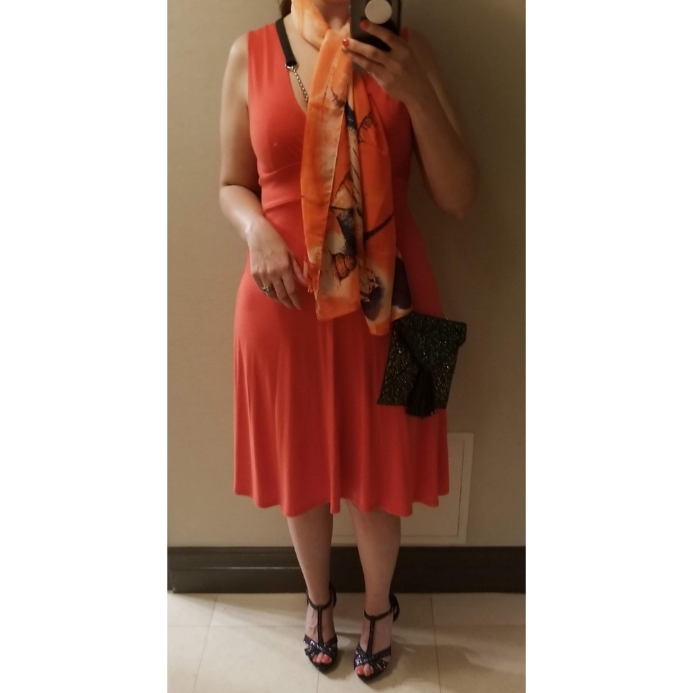 Deep Plunge V-Neck Front & Back, A-Line Midi Dress, Red, Size Large
